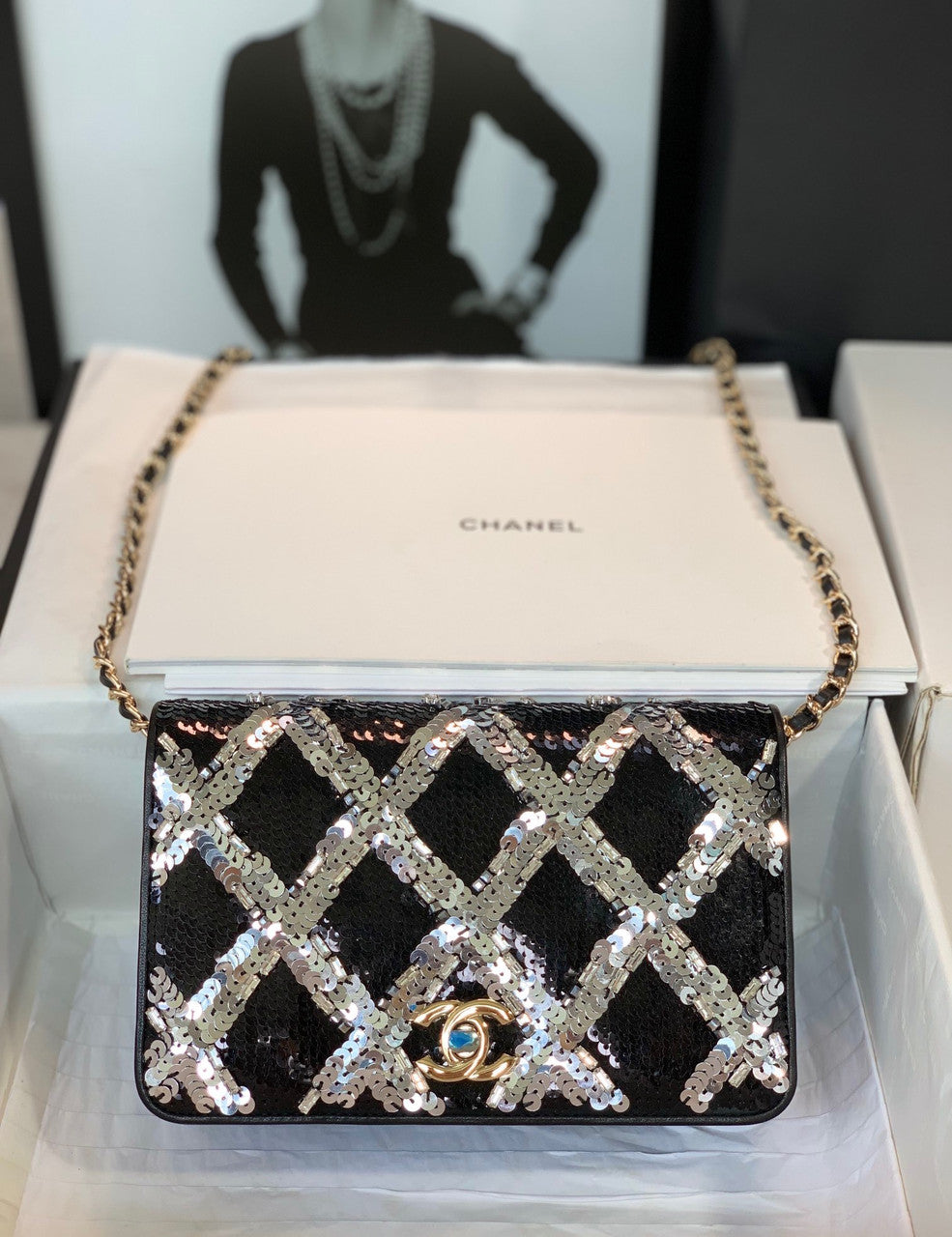 Chanel Limited Edition Embroidered Satin WALLET ON CHAIN BLACK