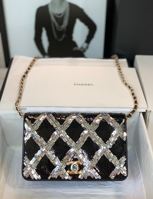 Chanel Limited Edition Embroidered Satin WALLET ON CHAIN BLACK