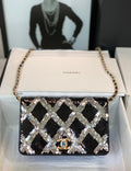 Chanel Limited Edition Embroidered Satin WALLET ON CHAIN BLACK