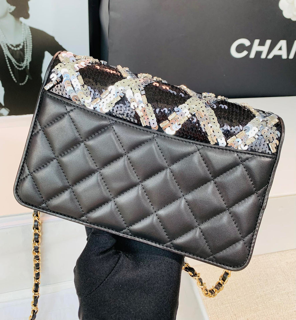 Chanel Limited Edition Embroidered Satin WALLET ON CHAIN BLACK