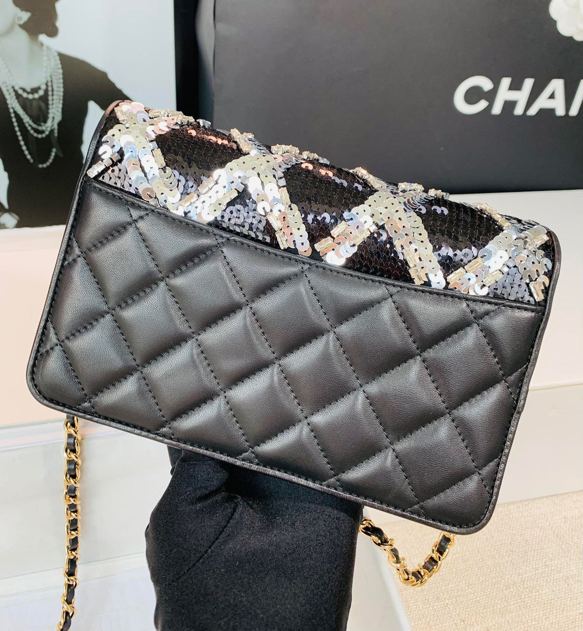 Chanel Limited Edition Embroidered Satin WALLET ON CHAIN BLACK