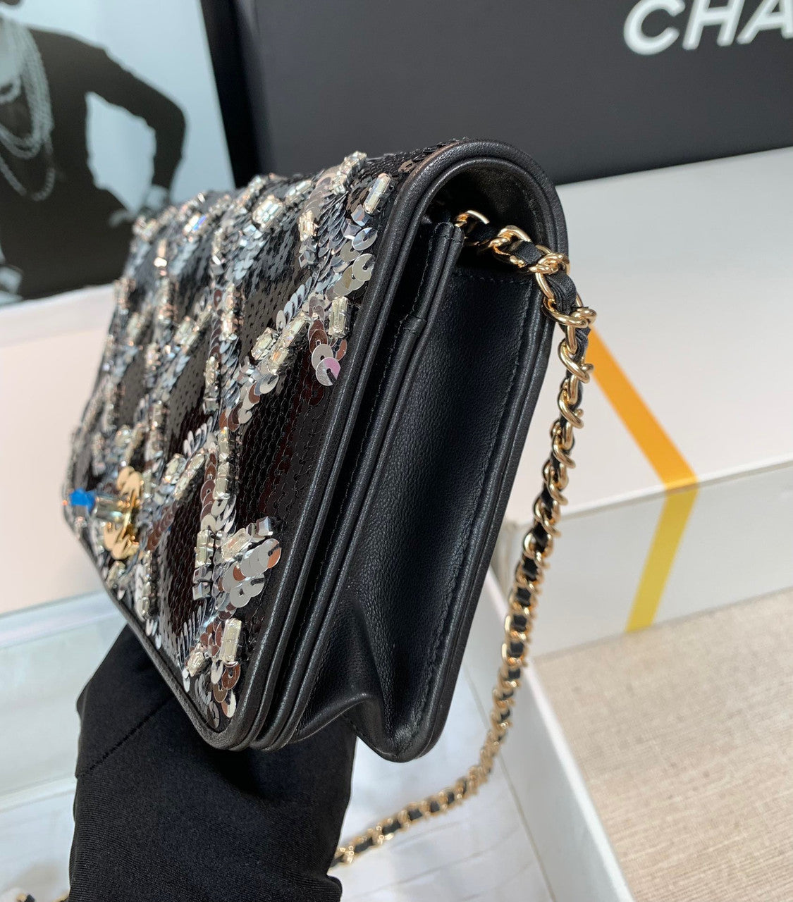 Chanel Limited Edition Embroidered Satin WALLET ON CHAIN BLACK