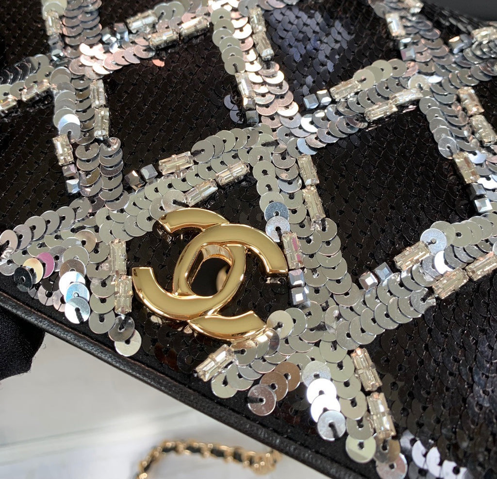 Chanel Limited Edition Embroidered Satin WALLET ON CHAIN BLACK