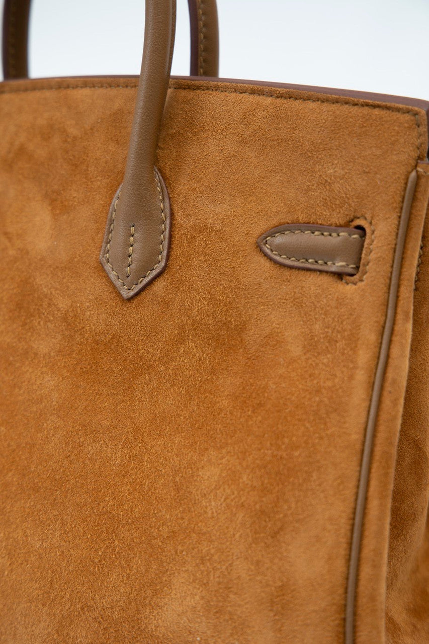 Hermes Birkin 25 Doblis Bag Brown Suede Gold Hardware