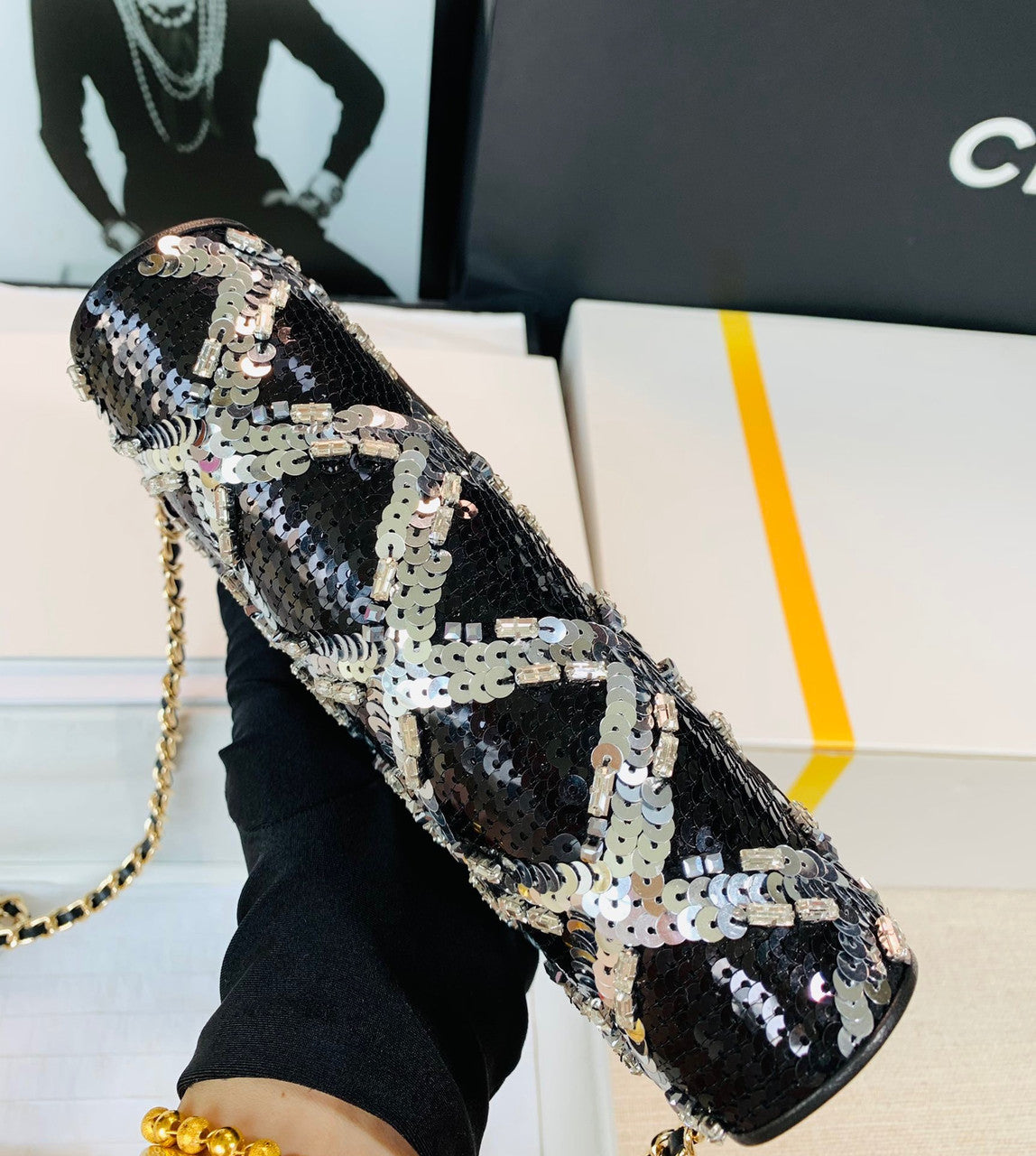 Chanel Limited Edition Embroidered Satin WALLET ON CHAIN BLACK