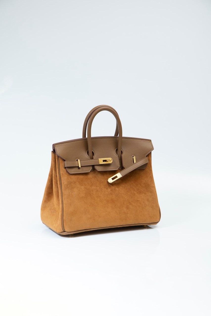 Hermes Birkin 25 Doblis Bag Brown Suede Gold Hardware
