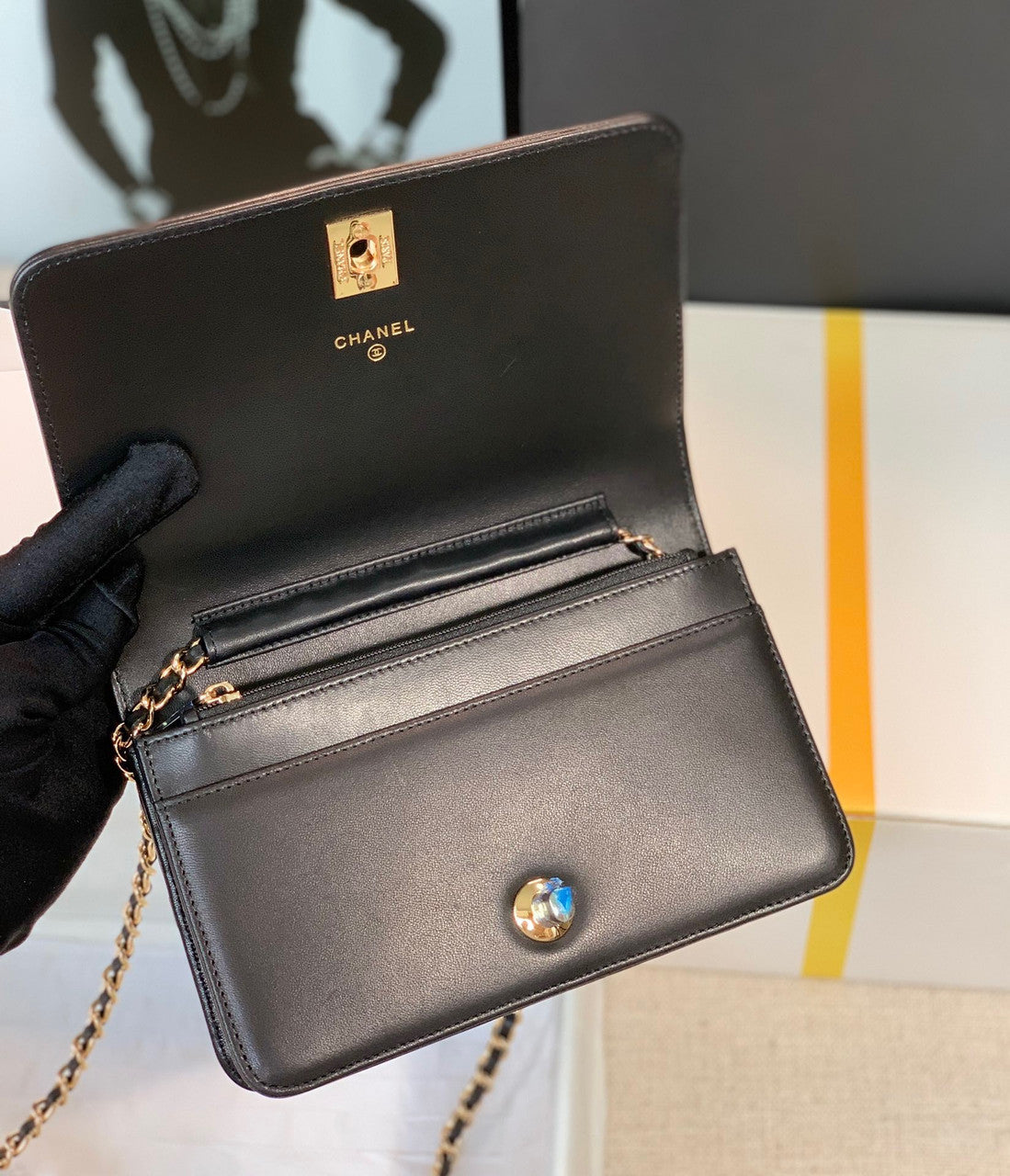 Chanel Limited Edition Embroidered Satin WALLET ON CHAIN BLACK