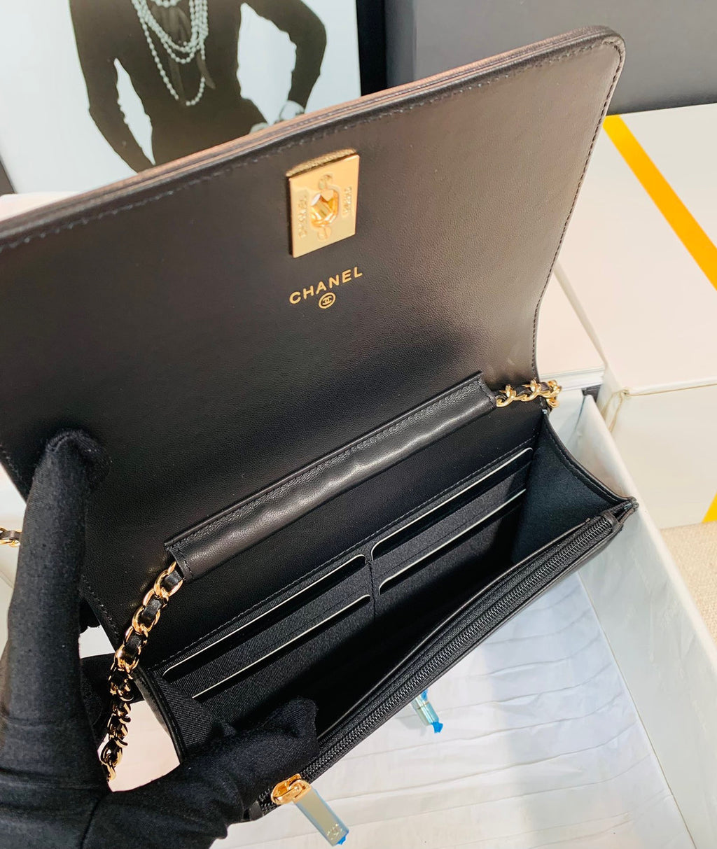 Chanel Limited Edition Embroidered Satin WALLET ON CHAIN BLACK