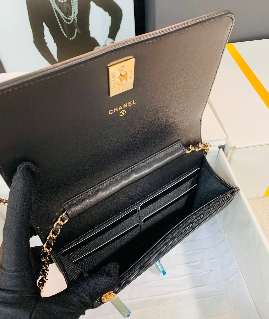 Chanel Limited Edition Embroidered Satin WALLET ON CHAIN BLACK