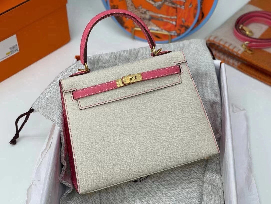 Hermes Special Order Horseshoe Rose Lipstick/Craie  Kelly 25 cm Epsom Gold Hardware