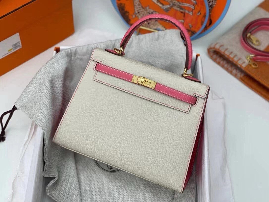 Hermes Special Order Horseshoe Rose Lipstick/Craie  Kelly 25 cm Epsom Gold Hardware