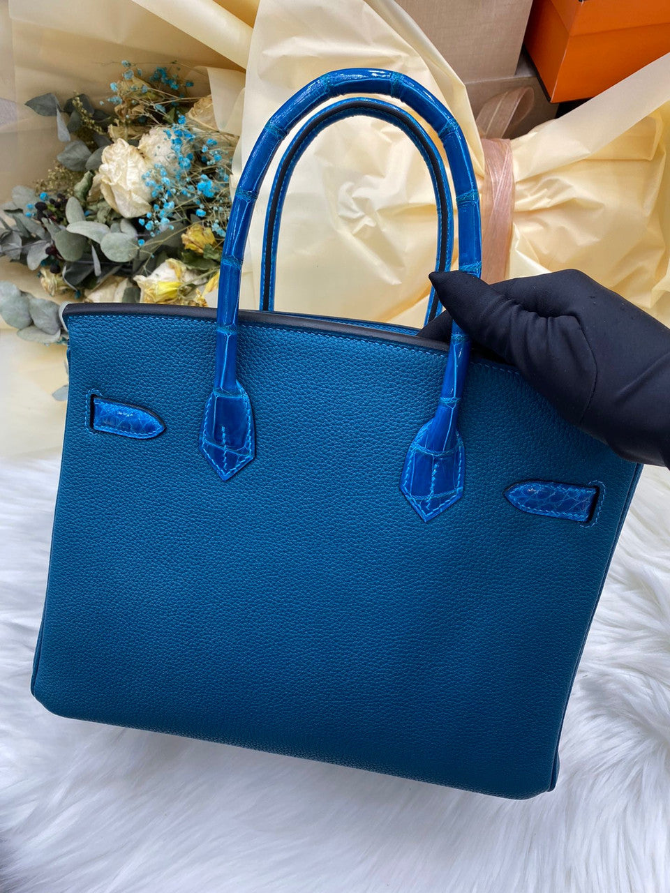 Hermes Birkin Touch 30 Bleu Izmir Shiny Crocodile & Togo leather with Gold Hardware