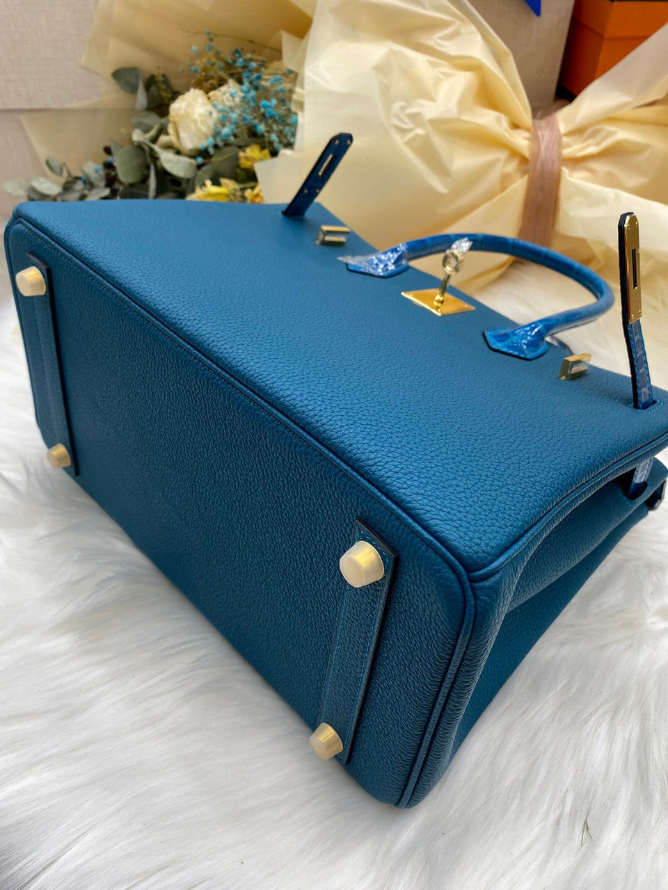 Hermes Birkin Touch 30 Bleu Izmir Shiny Crocodile & Togo leather with Gold Hardware