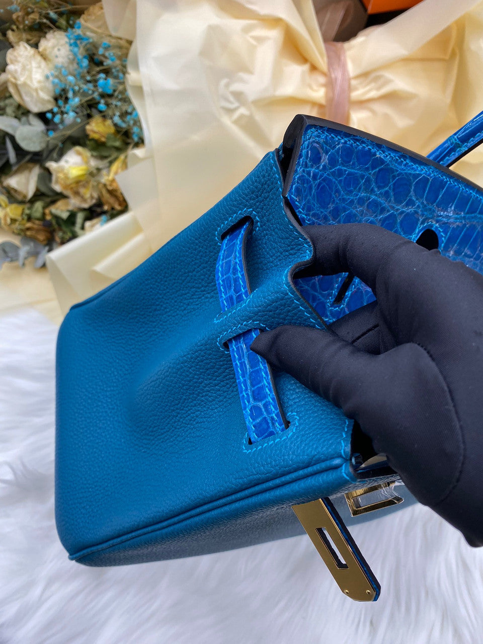 Hermes Birkin Touch 30 Bleu Izmir Shiny Crocodile & Togo leather with Gold Hardware