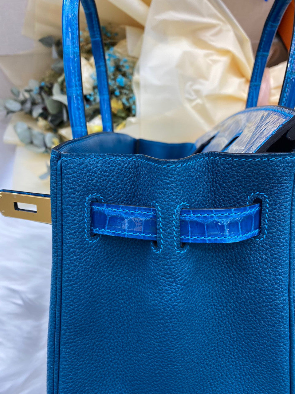 Hermes Birkin Touch 30 Bleu Izmir Shiny Crocodile & Togo leather with Gold Hardware