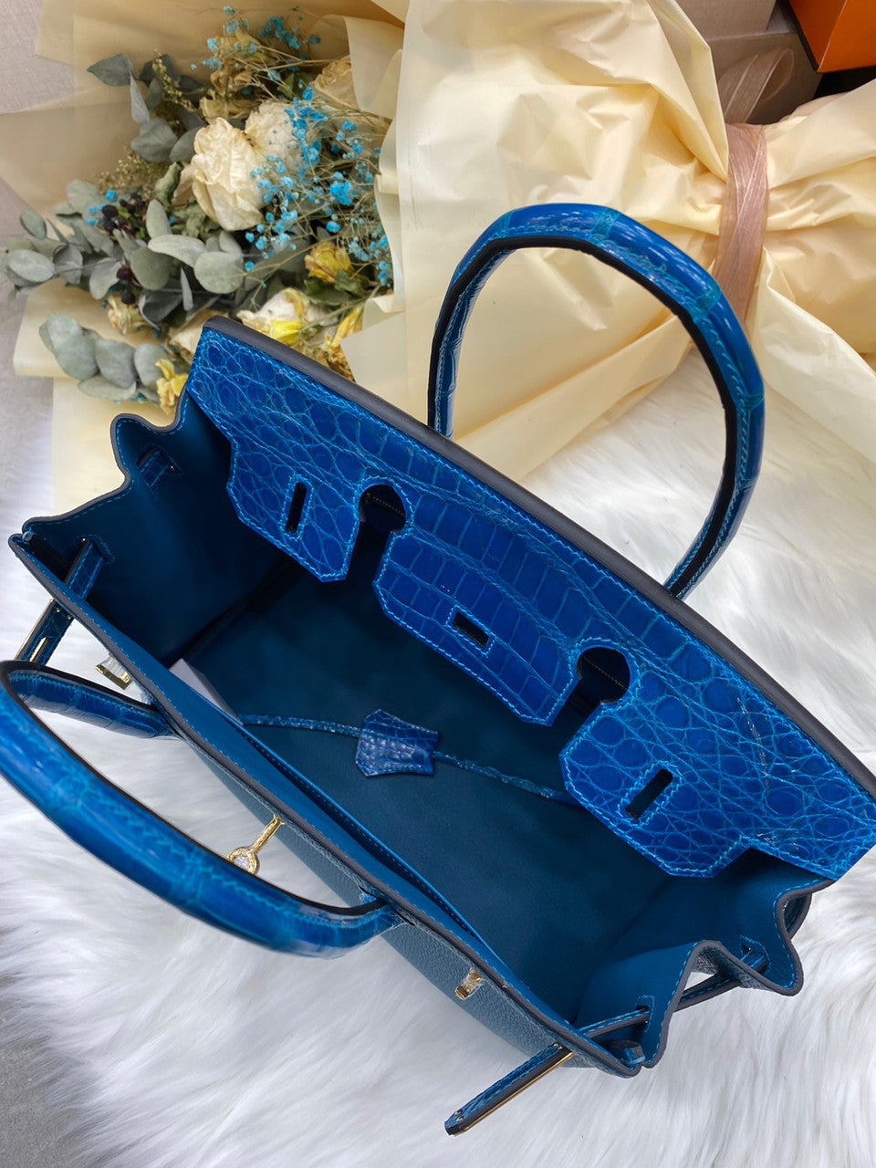 Hermes Birkin Touch 30 Bleu Izmir Shiny Crocodile & Togo leather with Gold Hardware