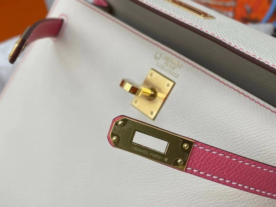 Hermes Special Order Horseshoe Rose Lipstick/Craie  Kelly 25 cm Epsom Gold Hardware
