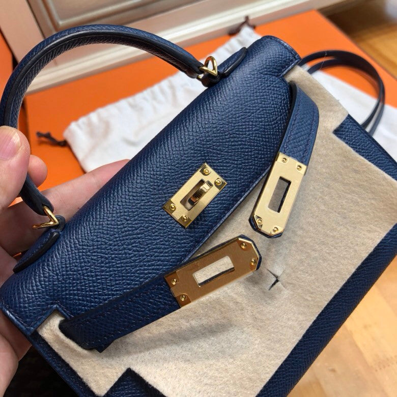 Hermes  73 Blue Sapphire Mini Kelly II 20 Epsom  Gold Hardware