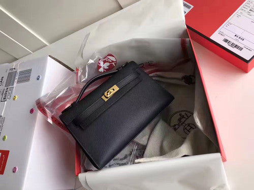 Hermes Black Epsom Leather Mini Kelly Pochette with Golden Hardware