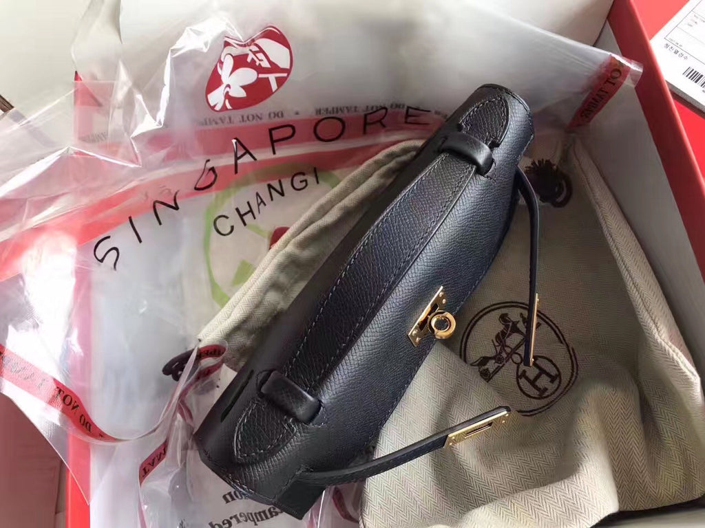 Hermes Black Epsom Leather Mini Kelly Pochette with Golden Hardware