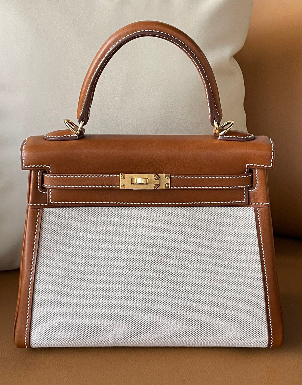 Hermès Kelly Sellier 25 Toile and Barenia  Gold Hardware