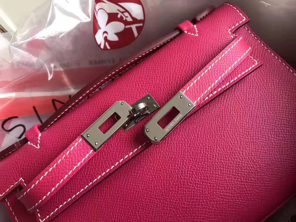 Hermes E5 Fuchsia  Epsom Leather Mini Kelly Pochette with Silver Hardware