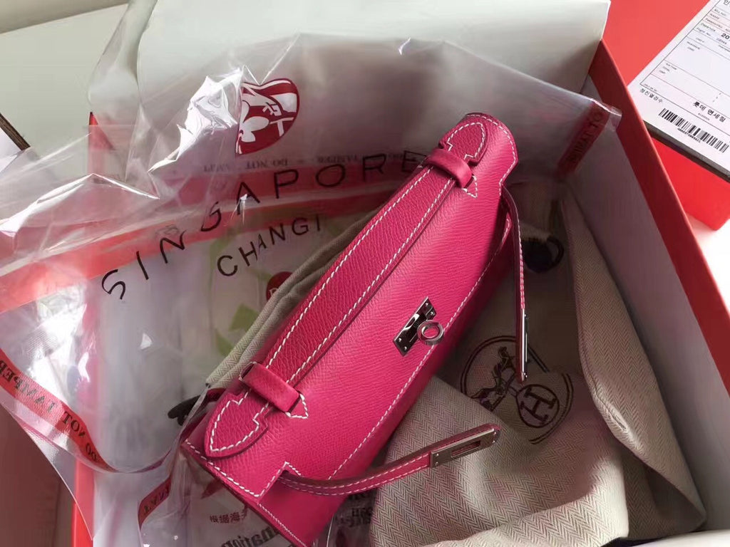 Hermes E5 Fuchsia  Epsom Leather Mini Kelly Pochette with Silver Hardware