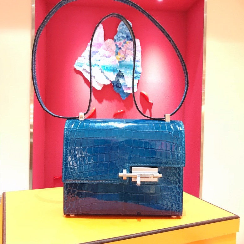 HERMÈS 7W Bleu Izmir  Porosus Crocodile Verrou 24