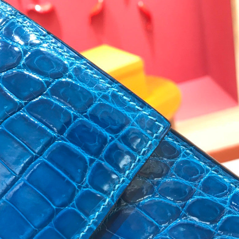 HERMÈS 7W Bleu Izmir  Porosus Crocodile Verrou 24