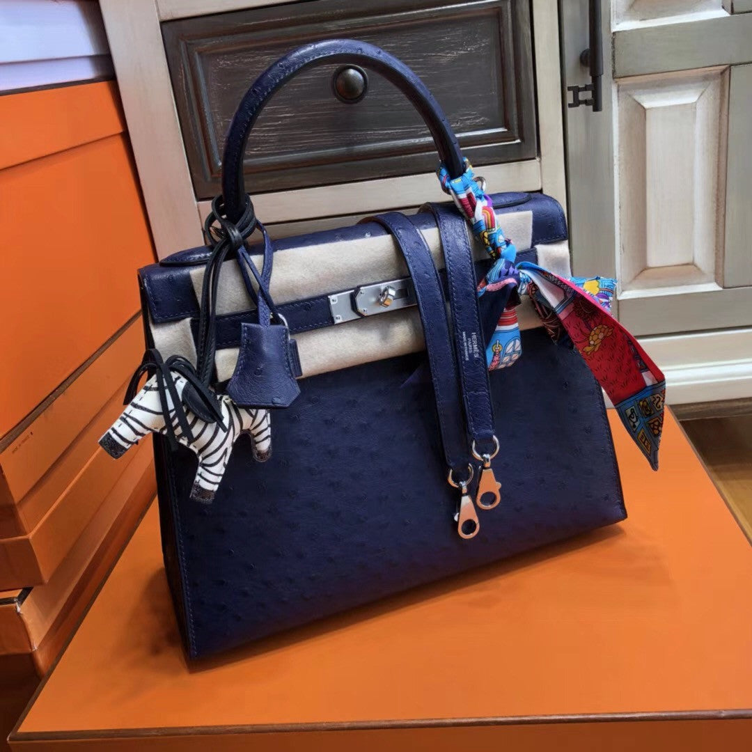 Hermes Blue Roy Kelly Bag 30cm KK Ostrich Leather Palladim Hardware