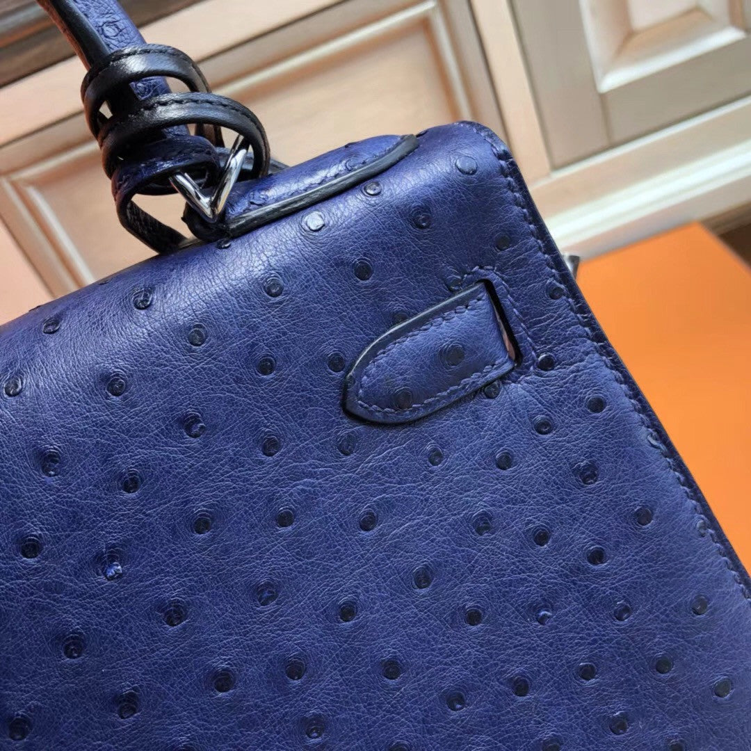 Hermes Blue Roy Kelly Bag 30cm KK Ostrich Leather Palladim Hardware