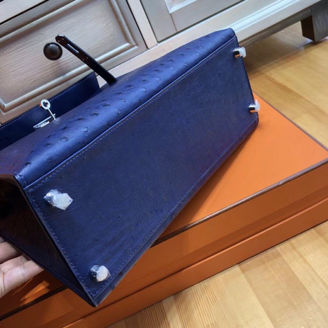 Hermes Blue Roy Kelly Bag 30cm KK Ostrich Leather Palladim Hardware