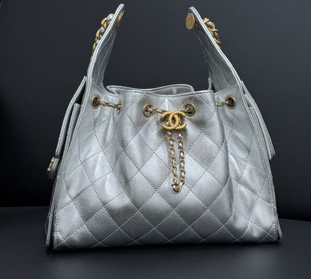 CHANEL 25 SMALL HANDBAG   Metallic Grained Calfskin & Gold Metal  Silvery