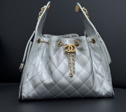 CHANEL 25 SMALL HANDBAG   Metallic Grained Calfskin & Gold Metal  Silvery