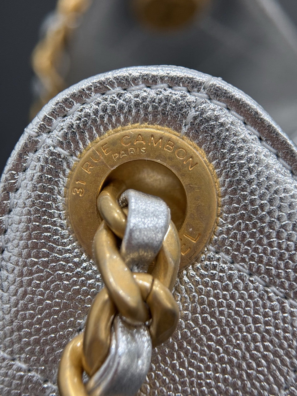 CHANEL 25 SMALL HANDBAG   Metallic Grained Calfskin & Gold Metal  Silvery