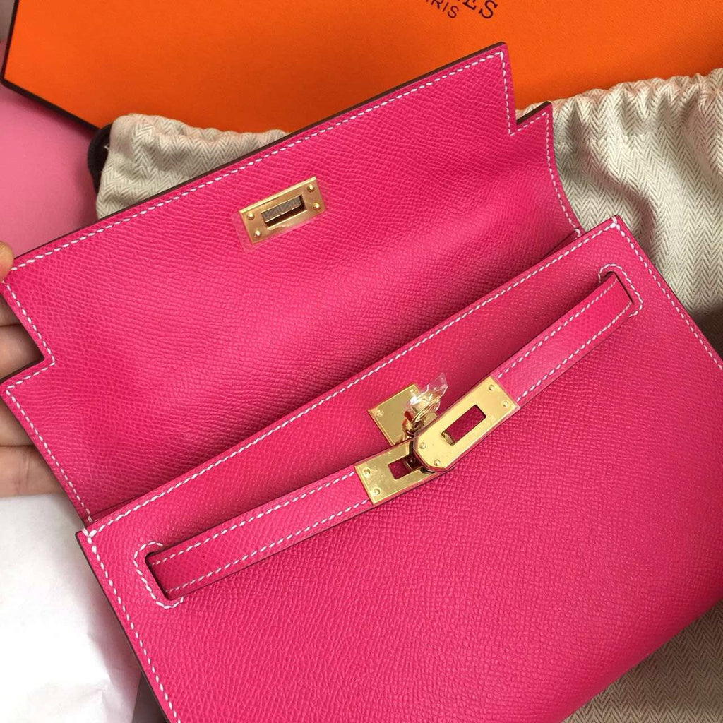 Hermès E5 Rose Tyrien Epsom Leather Mini Kelly Pochette Gold Hardware