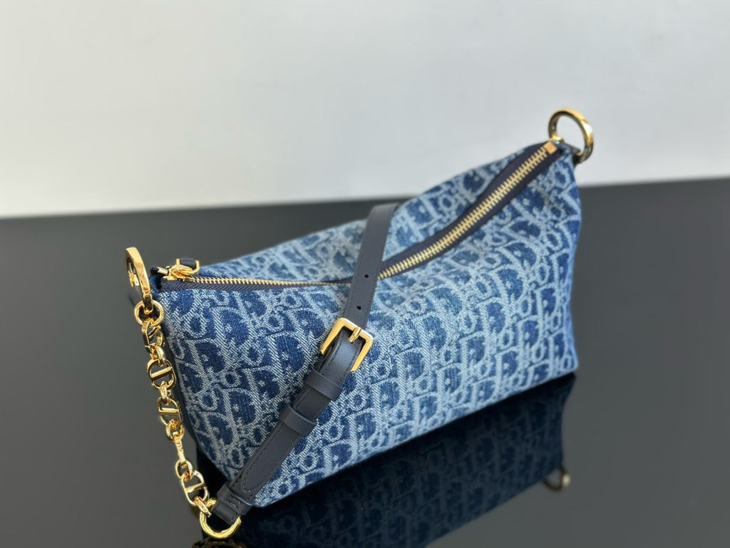 Christian Dior Diorstar Hobo Bag with Chain  Blue Denim Dior Oblique Jacquard