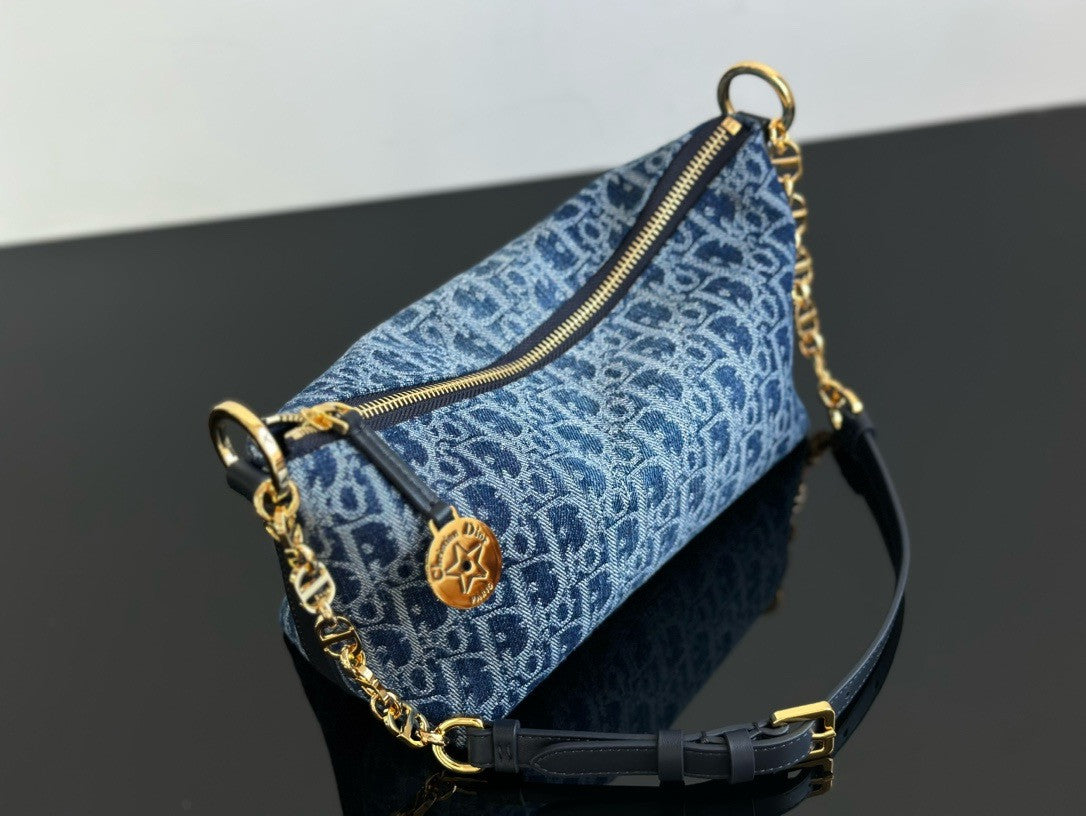 Christian Dior Diorstar Hobo Bag with Chain  Blue Denim Dior Oblique Jacquard