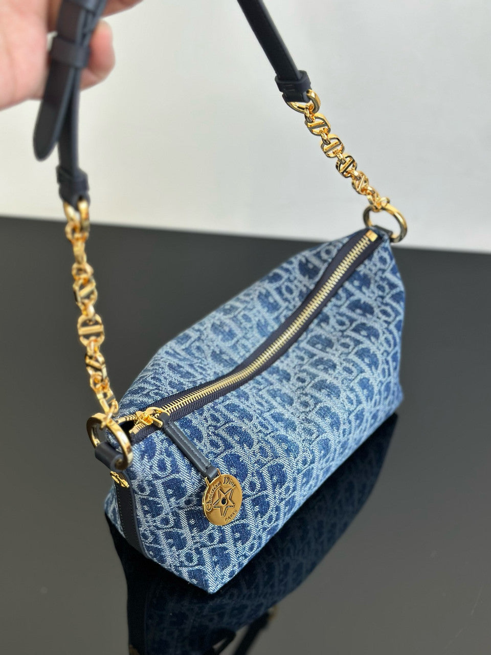 Christian Dior Diorstar Hobo Bag with Chain  Blue Denim Dior Oblique Jacquard