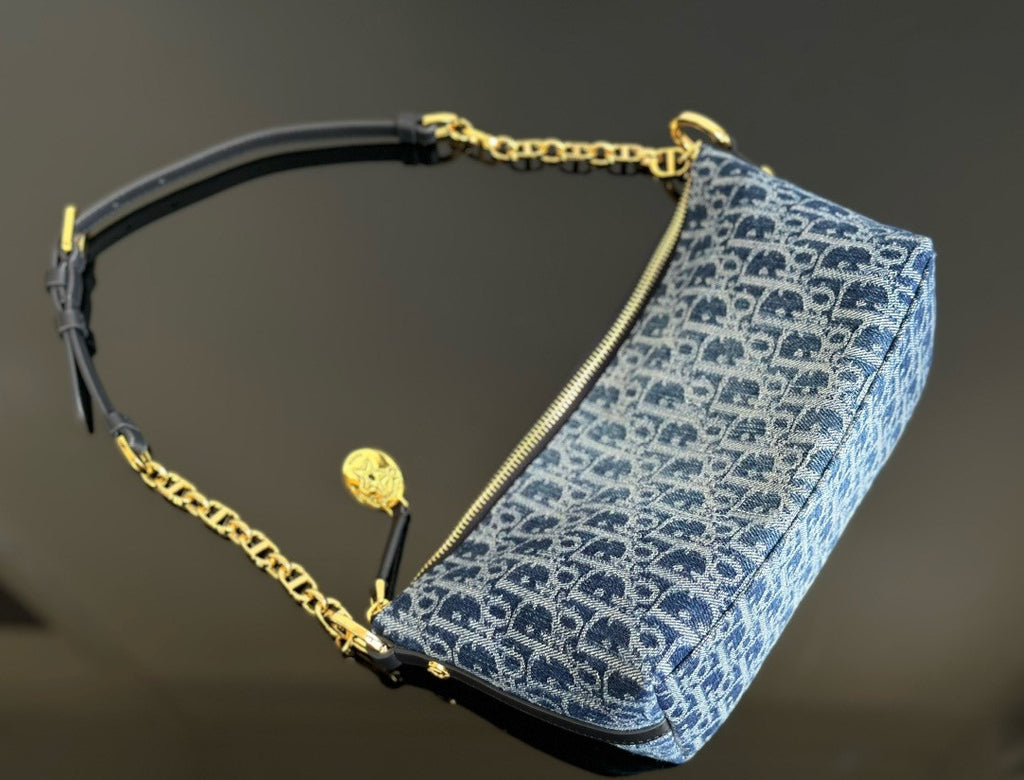 Christian Dior Diorstar Hobo Bag with Chain  Blue Denim Dior Oblique Jacquard