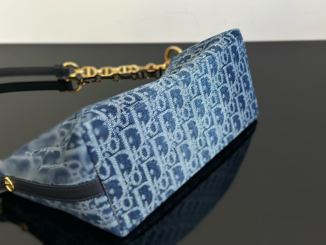 Christian Dior Diorstar Hobo Bag with Chain  Blue Denim Dior Oblique Jacquard