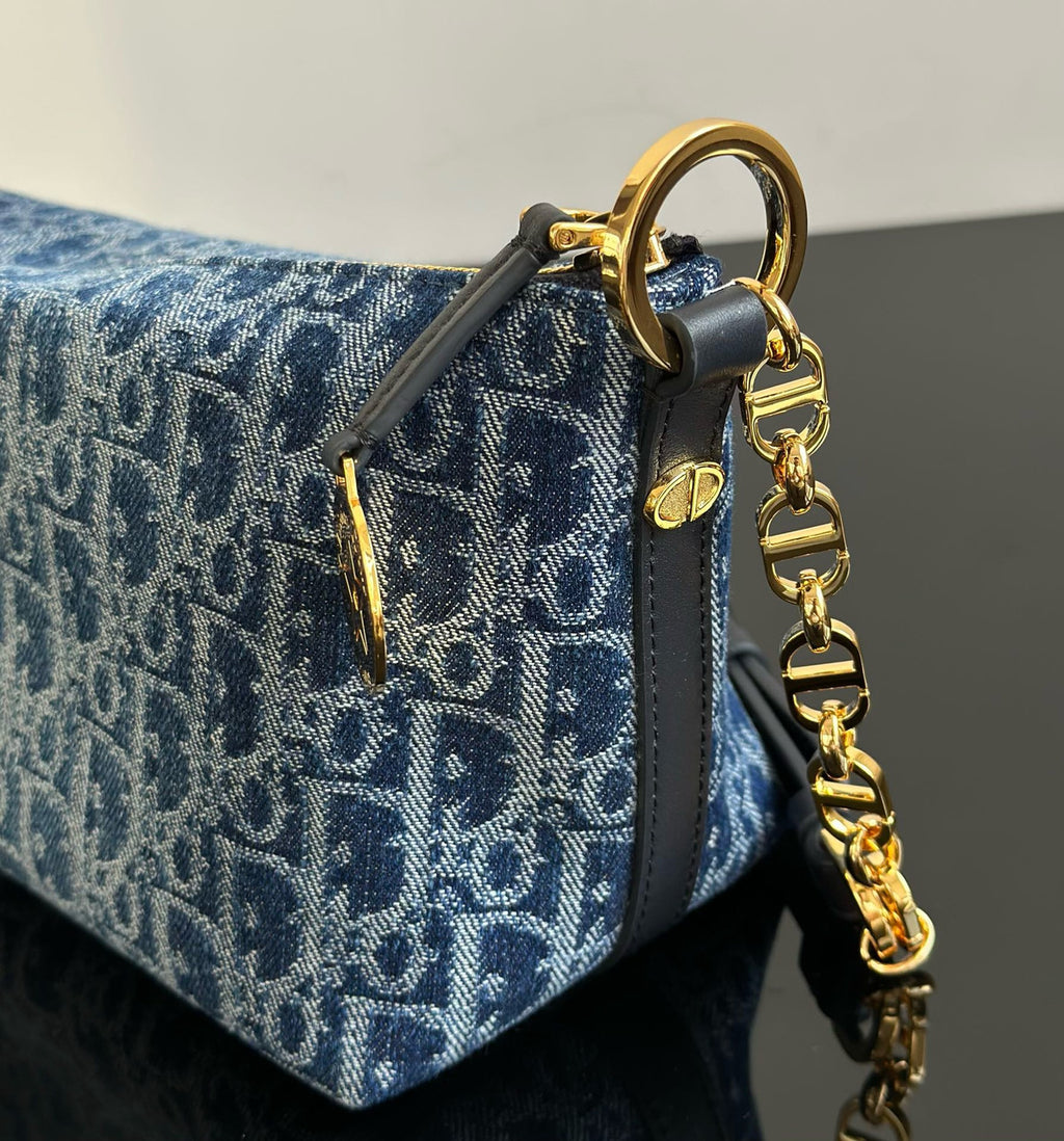 Christian Dior Diorstar Hobo Bag with Chain  Blue Denim Dior Oblique Jacquard