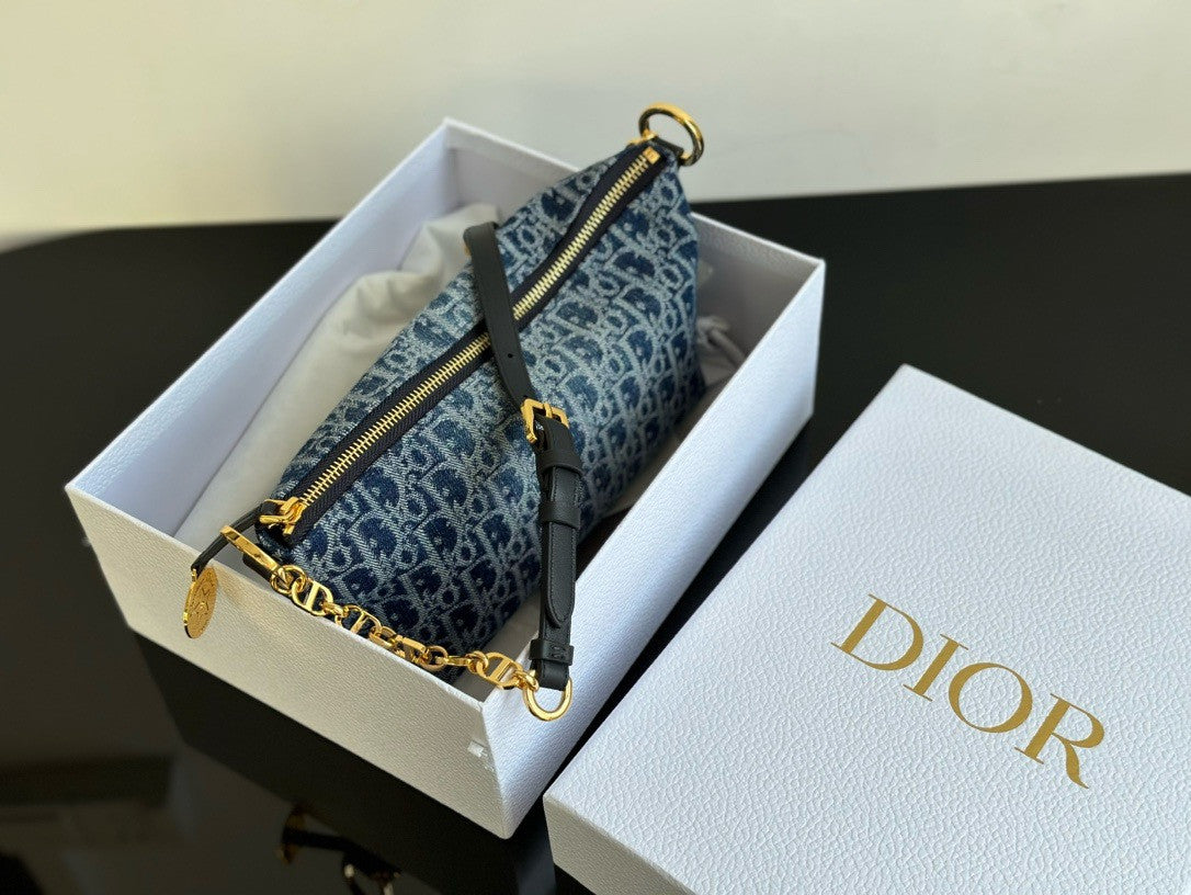 Christian Dior Diorstar Hobo Bag with Chain  Blue Denim Dior Oblique Jacquard