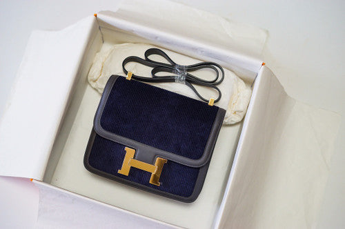 Hermès Navy Corduroy Constance 19cm  Gold GHW