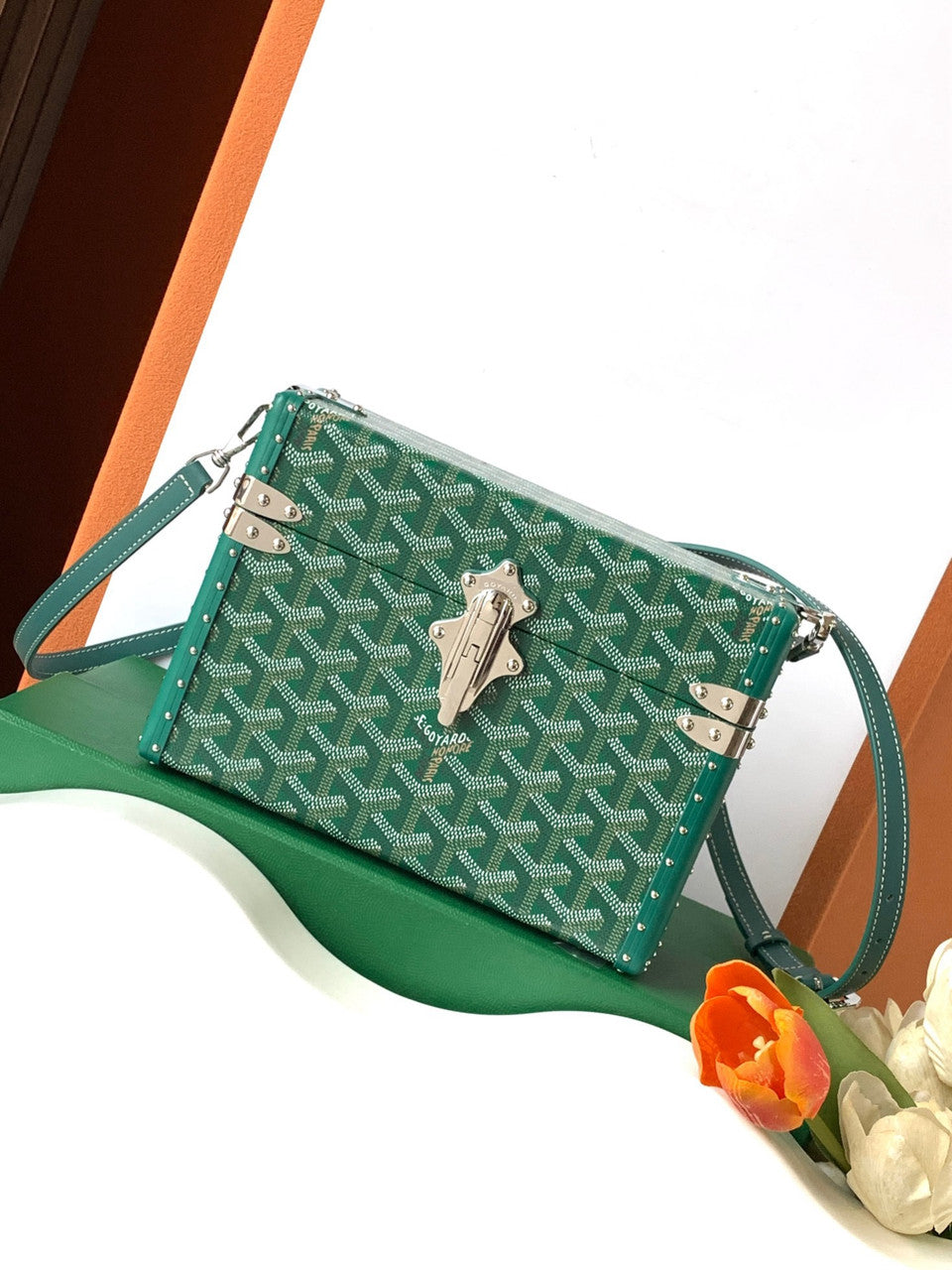 Goyard Goyardine Green Cassette Trunk Clutch/Shoulder Bag Palladium Hardware Goyard