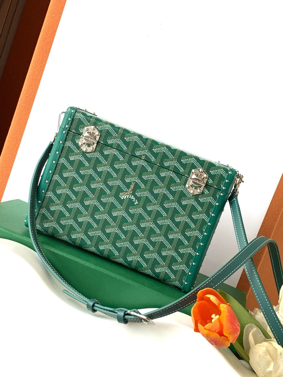 Goyard Goyardine Green Cassette Trunk Clutch/Shoulder Bag Palladium Hardware Goyard