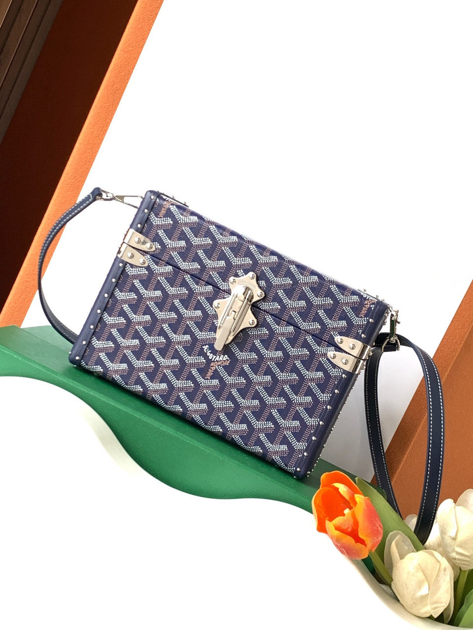 Goyard Goyardine Dark Blue Cassette Trunk Clutch/Shoulder Bag Palladium Hardware Goyard
