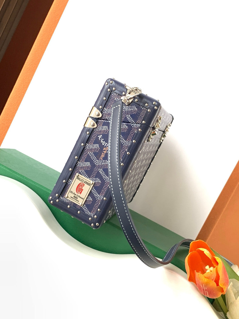 Goyard Goyardine Dark Blue Cassette Trunk Clutch/Shoulder Bag Palladium Hardware Goyard