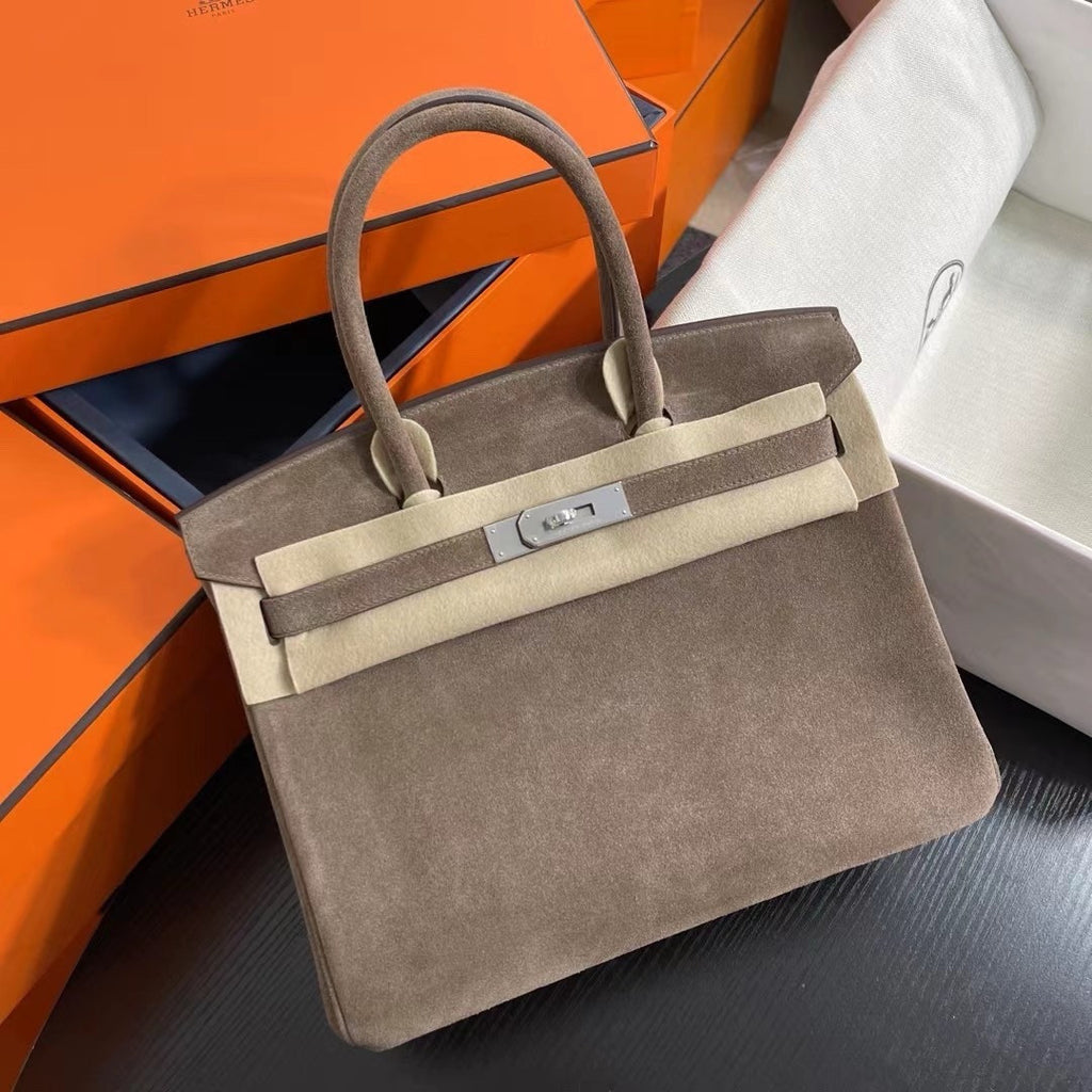 HERMES LIMITED EDITION SUEDE BIRKIN 30 BAG RARE ETOUPE DOBLIS PALLADIUM HARDWARE