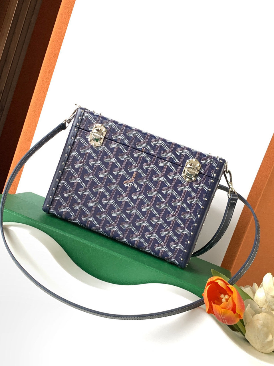 Goyard Goyardine Dark Blue Cassette Trunk Clutch/Shoulder Bag Palladium Hardware Goyard